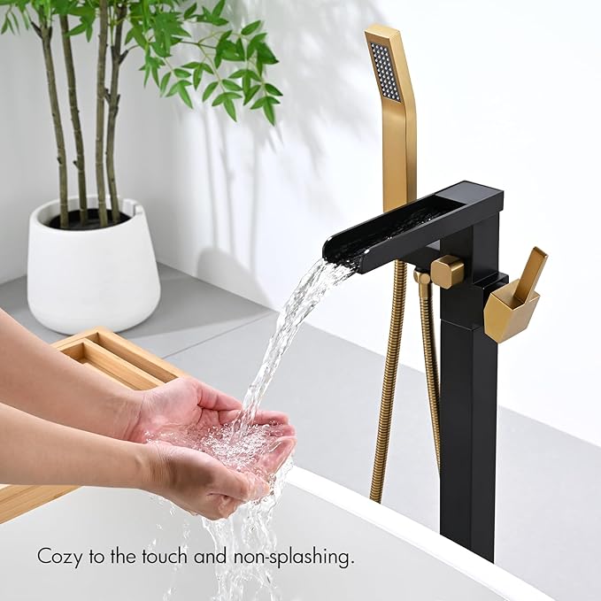 BAGNOLUX Solid Brass Floor Mount Bathtub Faucet Free Standing Tub Faucet Freestanding Tub Filler Black Gold High Flow Rate Swivel Spout with Hand Shower, ‎YGSLT-Waterfall Black+Gold