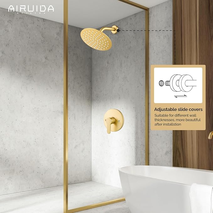 Airuida Shower Faucet Set,8 Inch Round Rainfall Shower Head,SUS304 Stainless Steel Single Handle Shower Trim Kit,Wall Mount Bathroom System with Female Threads Valve Brushed Gold