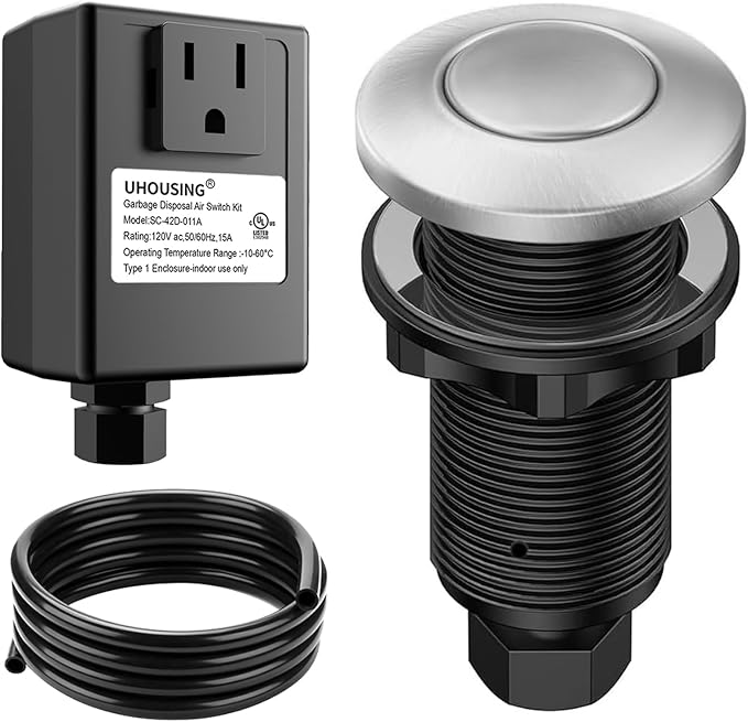 Garbage Disposal Air Switch Kit - UL Certified Sink Top Switch with Long 3.5" Brass Button by UHOUSING, Complete All-in-One Kit for All Disposals (Stainless Steel Brushed)