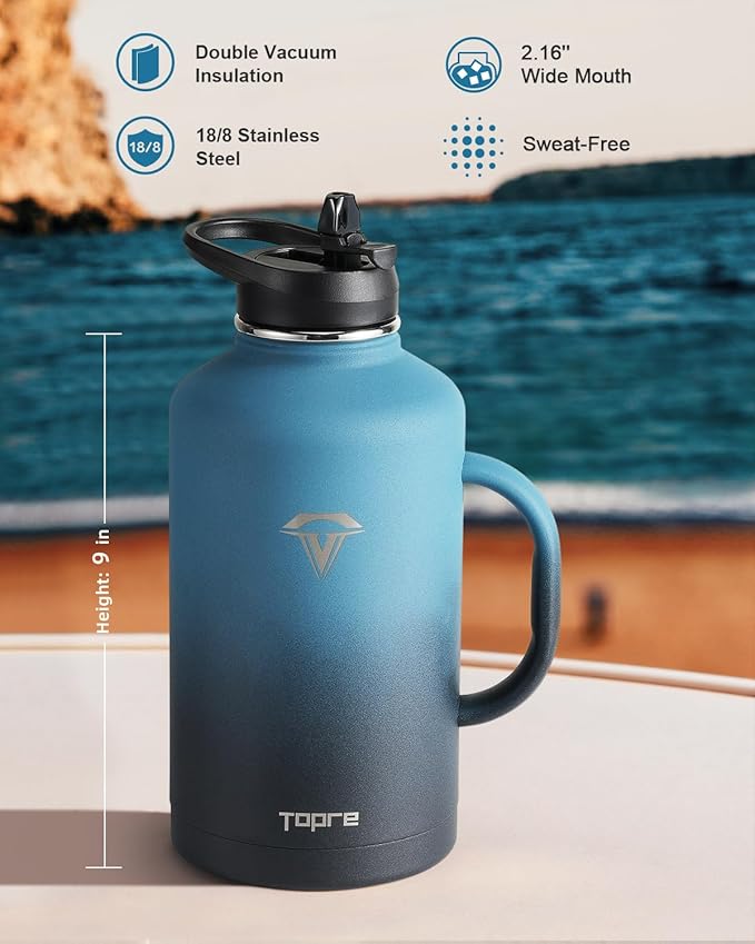 64 oz Insulated Stainless Steel Water Bottle with Handle and Carry Pouch, Half Gallon Mug Tumbler with Straw Lid Spout Lid,Reusable Metal Water Bottle Jug Flask Cup,Keep Cold & Hot,Indigo Black