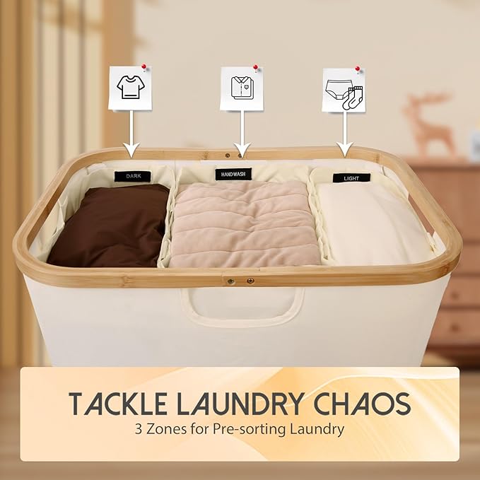 160L Laundry Sorter Hamper with Lid, 3 Section Extra Large Dirty Clothes Basket with Handles, 3 Removable Liner Bags & Labels, Beige
