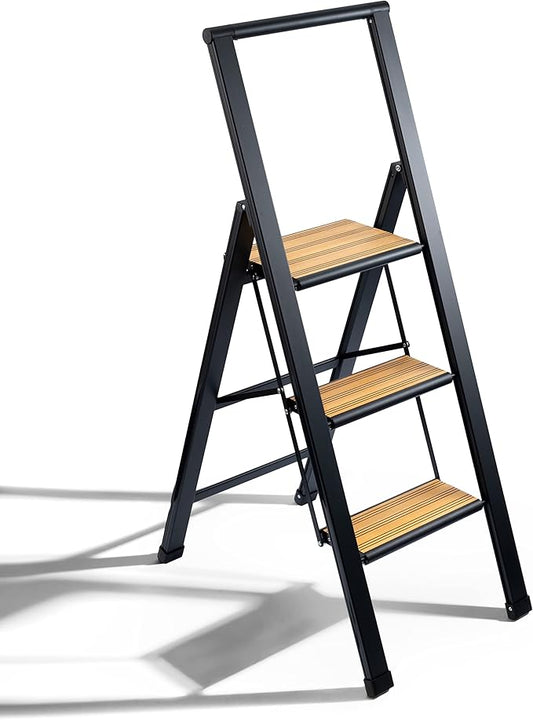 Step Ladder 3 Step Folding, Decorative - Beautiful Bamboo & Black Aluminum, Ultra Slim Profile, Anti Slip Steps, Sturdy-Portable for Home, Office, Kitchen, Photography Use,by SORFEY