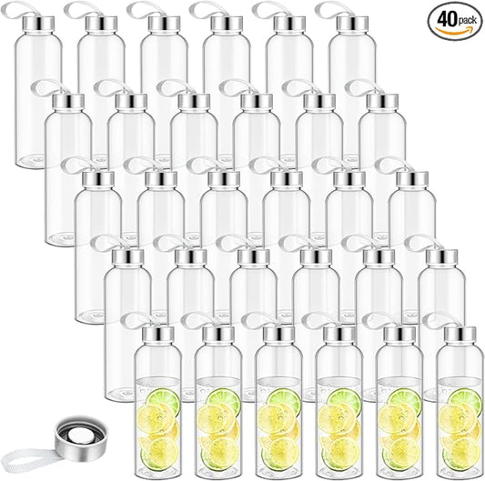 Zubebe 40 Pcs 10 oz Reusable Water Bottles Bulk Clear Bottles with Stainless Steel Leak Proof Lids Acrylic Bottles with Nylon Carrying Strap Shaker Bottles for Water, Milk, Smoothie, Juice Beverage