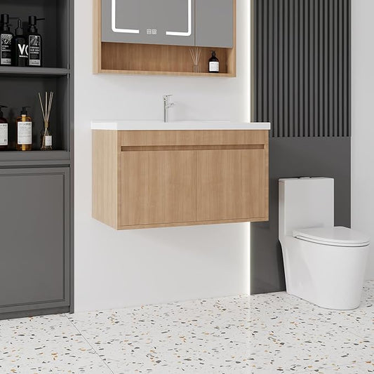 32'' Bathroom Vanity with Ceramic Sink Combo, Wall Mounted Small Bathroom Vanity with Soft-Close Door Modern Floating Cabinet, Pop-up Drain, P-Trap Included, Walnut(No Faucet)