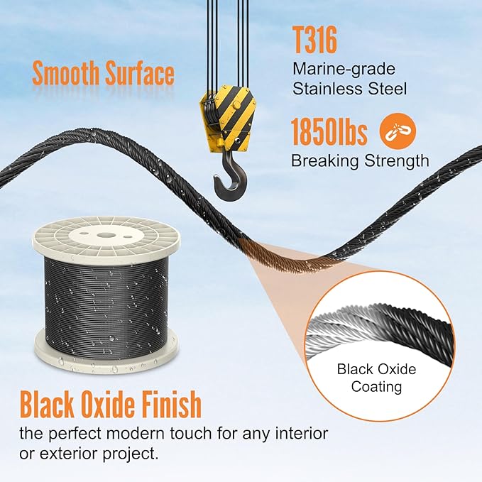 BLIKA 300FT 1/8" Black Stainless Steel Cable, T316 Marine Grade, Stainless Steel Wire Rope 7x7 Strand Construction, 1850lbs Breaking Strength Aircraft Cable for Deck Cable Railing, DIY Balustrades