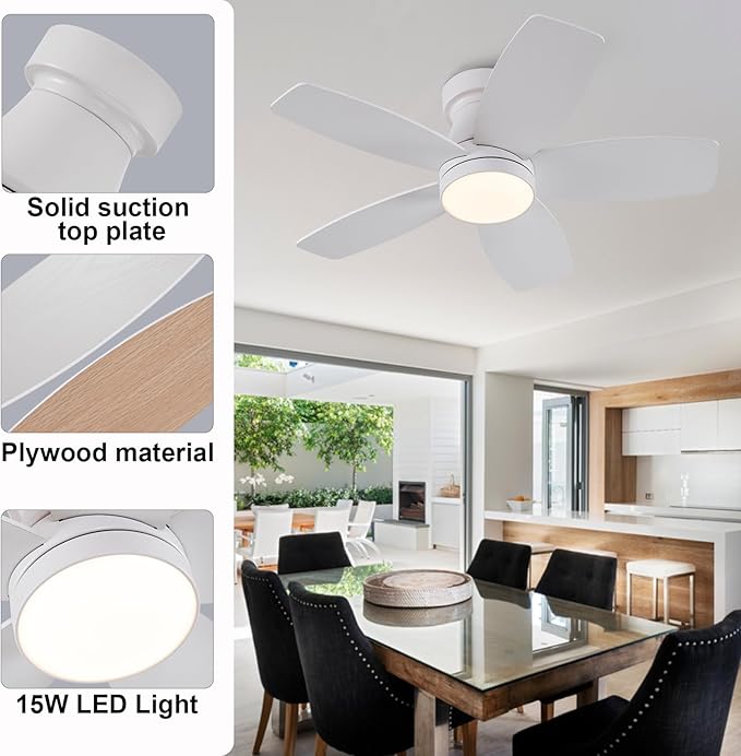 30 inch Ceiling Fans with Lights and Remote,Flush Mount White Ceiling Fan,Memory Fuction Reversible Quiet DC Motor Low Profile Ceiling Fans For Living Room Bedroom Outdoor(White&Natural Wood)