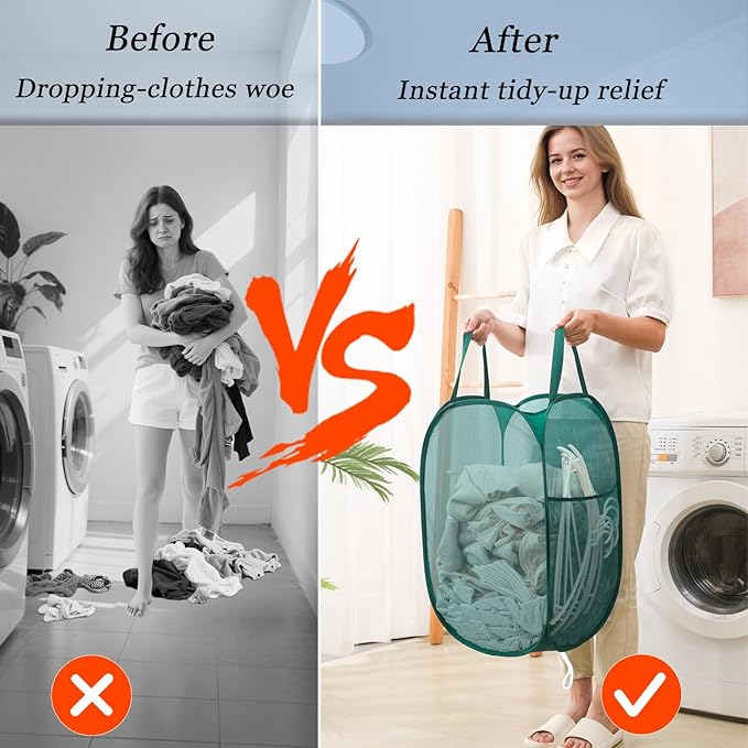 Collapsible Laundry Basket 2 pack, Mesh Pop Up Laundry Hampers with Handles, Anti-tear, Light Breathable, Odor-free, Fold Compact, Large Hold Portable Travel Laundry Bag for Home Bin, Green. H+V