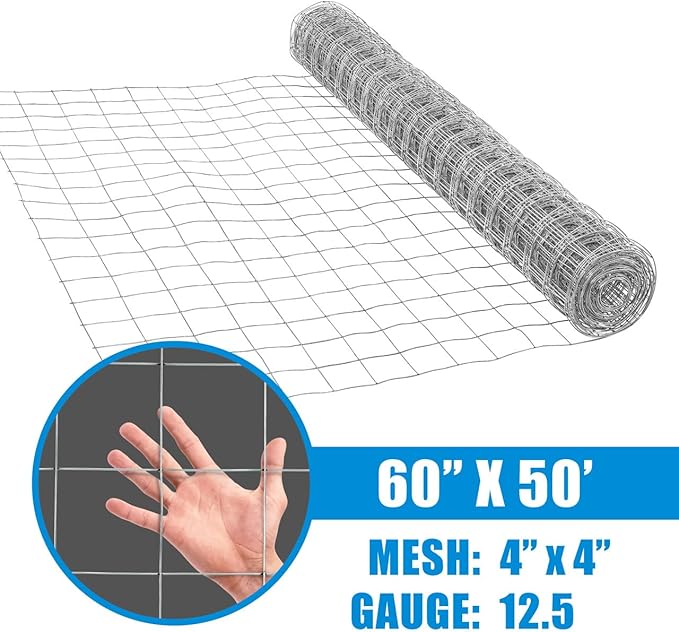 Fencer Wire Welded Wire Fence 12.5 Gauge, Galvanized Welded Fence Wire Roll, Mesh Size 4-Inch x 4-Inch, Hog Wire Fencing Cage, Multiple Use for Home Improvement & Animals Enclosure (5ft. x 50ft.)