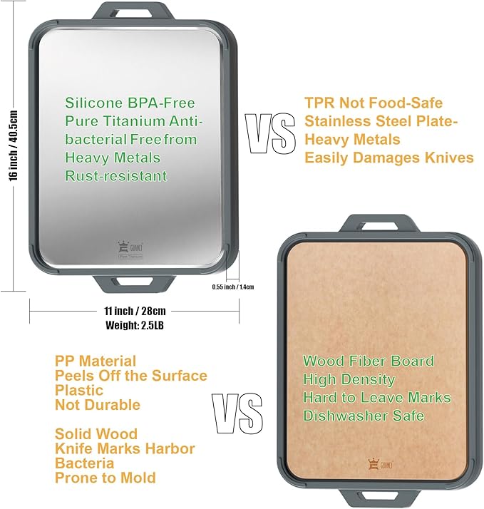 GUANCI Pure Titanium Cutting Board, Double Sided Cutting Board for Kitchen, Pure Titanium/Wood Fiber Composite with Juice Groove Dishwasher Safe 16"L x 11"W