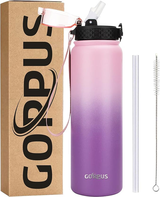GOPPUS 32 oz Sports Water Bottle 1 Liter Double Wall Insulated Stainless Steel Water Bottles with Straw Lid Reusable Leak proof Metal water bottles with Strap Handle(Pink Purple 1 lid)