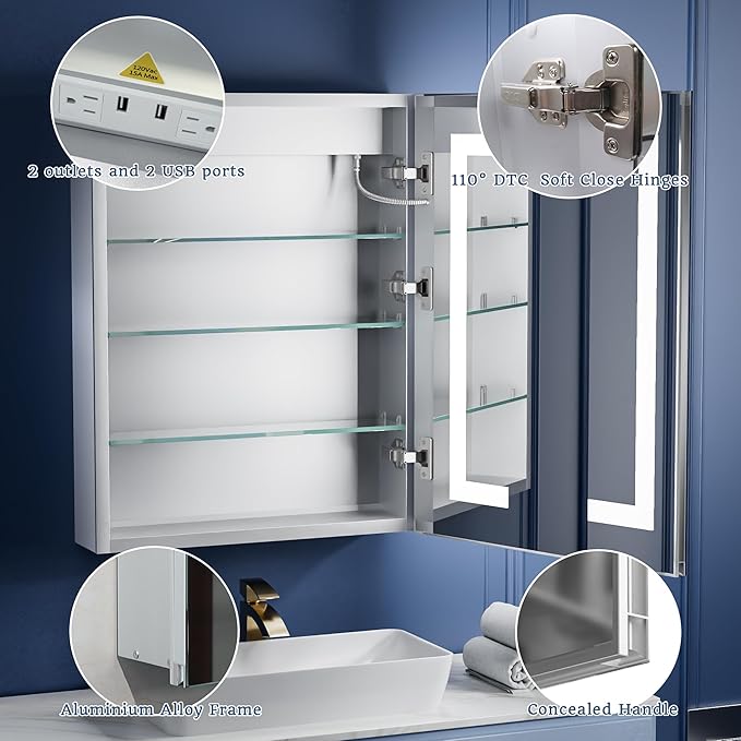 ExBrite LED Lighted Bathroom Medicine Cabinet with Mirror, 24 x 30 Inch, Recessed or Surface Mount, Anti-Fog, Stepless Dimming, Color Temperature Adjustment, 2 Outlets, Storage Shelves, Right Hinge