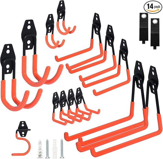 16 Pack Steel Heavy Duty Garage Hooks Storage Hooks with Anti-Slip Coating, Utility Garage Wall Mount Hanger and Organizer for Bikes, Ladder, Rope, Broom, Shovel and Garden Power Tools (16, Orange)