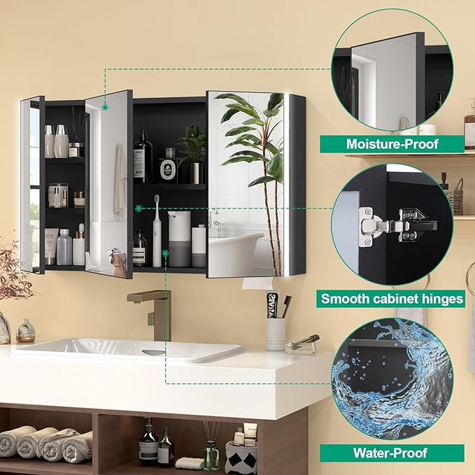 40x28 Inch Medicine Cabinet with Light, AL Alloy Frame, Full-Assembled Bathroom Mirror Cabinet with Brightness Adjustable and Storage, Led Medicine Cabinet Mirrored with Recessed, Black