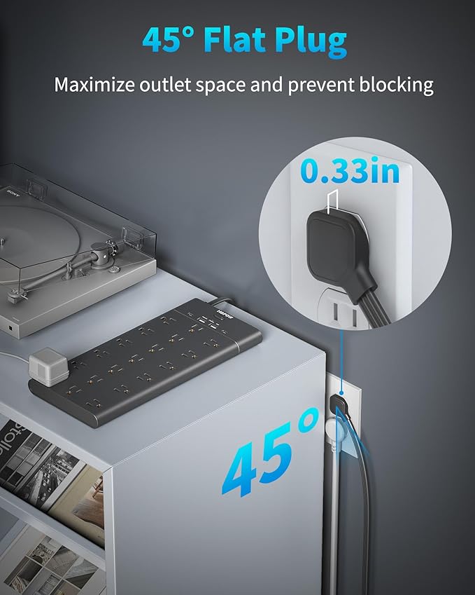 Surge Protector Power Strip with 19 Outlets and 4 USB Ports, HOPOW 10 Ft Flat Plug Heavy Duty Extension Cord, 1875W, 2100J Surge Protection, Wall Mount for Home, Office, Gaming Room, Dorm, Black