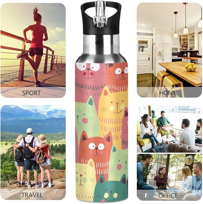 MNSRUU Insulated Water Bottle with Straw, Rainbow and Unicorns Stainless Steel Flasks for Sports Cycling Hiking School