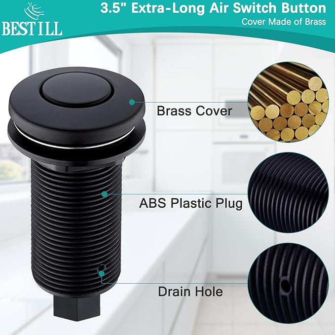 BESTILL Garbage Disposal Sink Top Air Switch Kit with Single Outlet, Matte Black 3.6" Long Push Button with Brass Cover, UL Listed, Compatible with all Garbage Disposals