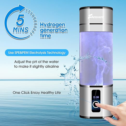 Hydrogen Water Bottle, 2 Modes Portable Hydrogen Water Bottle Generator with SPE PEM Technology and LED Display, Ion Water Ionizer Machine for Office, Travel and Home Daily Drinking（Silver）