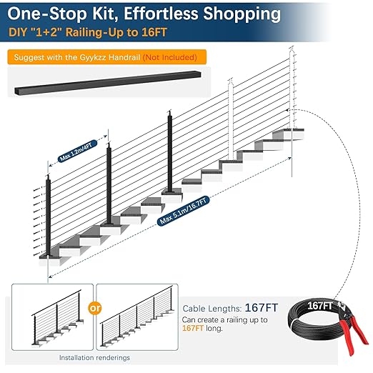 3 Pack Economical Stair Cable Railing Post Kits 36", Stainless Steel T304 Deck Stair Railing System with Swageless Tensioner, Upgraded Black Powder Coated Stairway Post Kits with DIY Length