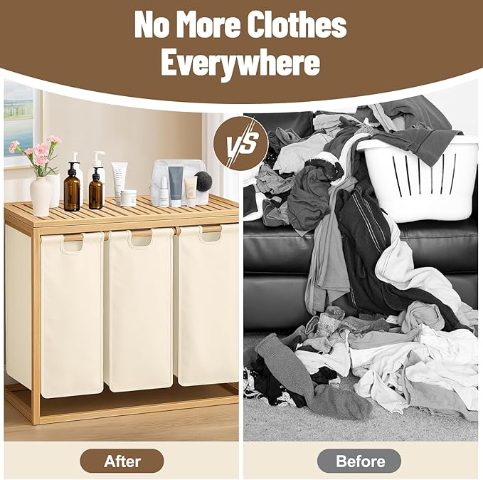 Bamboo Laundry Hamper 3 Section with Lid, 150 L Laundry Sorter with Pull-Out Removable Washable Bags, 3 × 12.5 Gal Divided Laundry Baskets for Laundry Room, Bathroom (Beige)