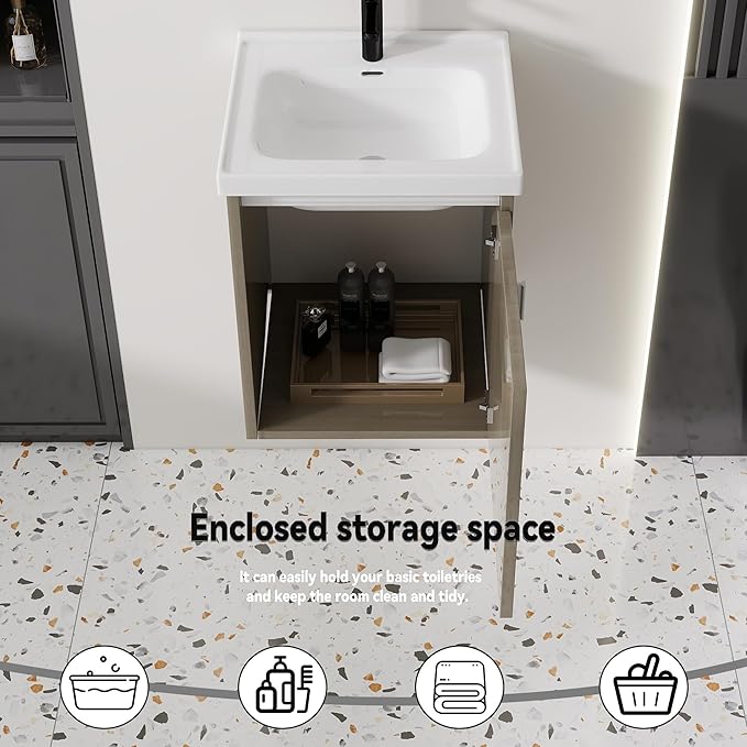 16'' Bathroom Vanity with Ceramic Sink Combo, Wall Mounted Small Bathroom Vanity with Soft-Close Door Modern Floating Cabinet, Pop-up Drain, P-Trap Included, BrownWalnut(No Faucet)