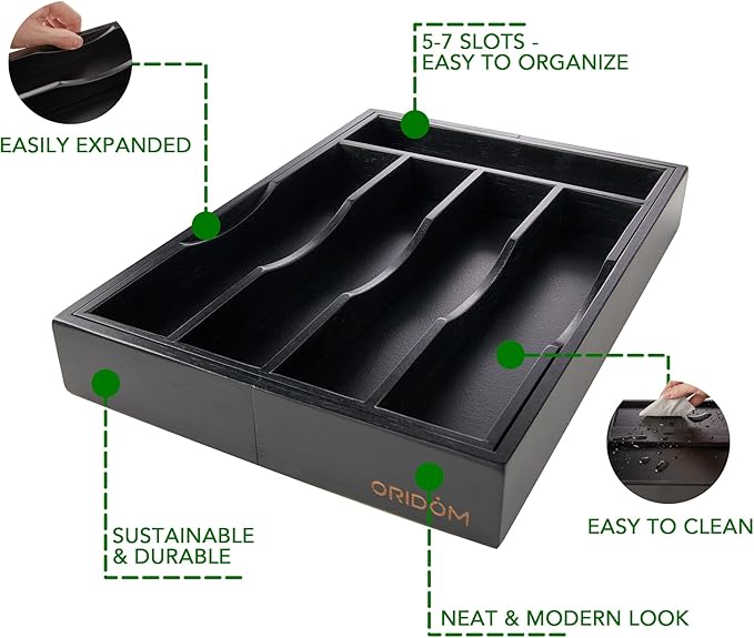 Expandable Bamboo Kitchen Drawer Organizer for Cutlery and Utensils, Adjustable Bamboo Wood Cutlery Tray in Drawer for Flatware and Silverware in Kitchen, (Black)