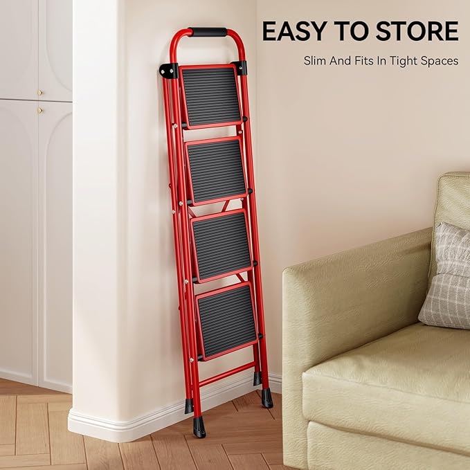KINGRACK 4 Step Ladder, Folding Step Stool with Anti-Slip and Wide Pedal, Lightweight Stepladder with Handrails, Portable for Kitchen, Household, Red