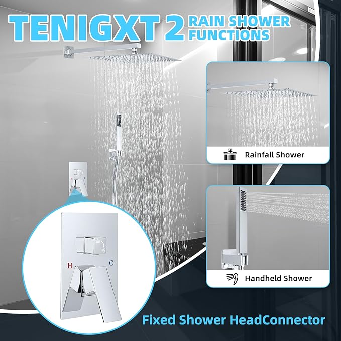 Bathroom Shower Faucet Set，10 Inch Rain Shower Head with Handheld Spray，Brass Shower Valve Trim Kit，Wall Mounted Square Rain Shower System (Chrome)