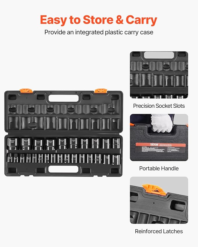 VEVOR Impact Socket Set 1/2 Inches 26 Piece Impact Sockets, Shallow Socket, 6-Point Sockets, Rugged Construction, CR-M0, 1/2 Inches Drive Socket Set Impact Metric 10mm - 36mm, with a Storage Cage
