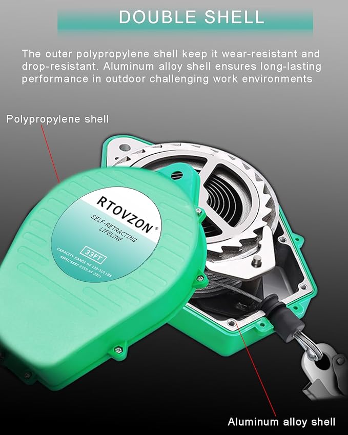 33FT Self Retracting Lifeline RTOVZON Fall Arrest Fall Protection Steel Wire Rope Heavy Duty Retractable Lanyard, Roofing Lifeline, SRL, Safety Lanyard