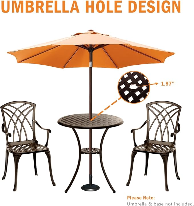 Patio Bistro Set 3 Piece, Cast Aluminum Bistro Set for 2 w/Umbrella Hole, Outdoor Table and Chairs Set of 2, Bistro Set for Balcony/Backyard/Garden, Bronze