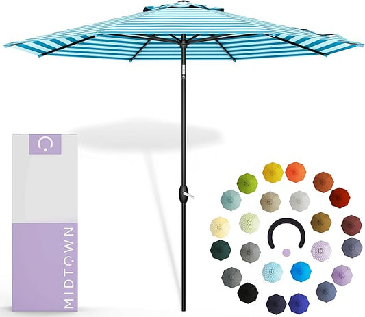 Midtown Umbrellas The Lean 10 Feet Outdoor Umbrella With Terylast Cobalt Stripes (Blue/White Stripes) Polyester Fabric - Auto-Tilt Aluminum Frame Patio Umbrella For Deck, Garden, Pool - Black Pole