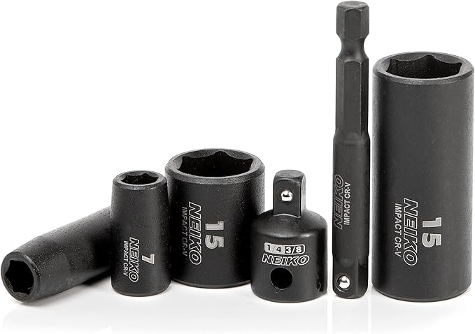 NEIKO 02481A 1/4" Drive Impact Socket Set, 30 Piece, Metric Sizes 4 – 15 MM, Deep and Shallow Sockets, Chrome Vanadium Steel, 3/8” to 1/4” Reducer, Hex Shank Socket Impact Adapter, Socket Wrench Set