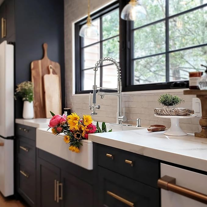 Fapully Commercial Pull Down Kitchen Sink Faucet with Sprayer Brushed Nickel Single Handle Faucets for Kitchen Sink, Kitchen Faucet with Soap Dispenser and Deck Plack for 4 Hole