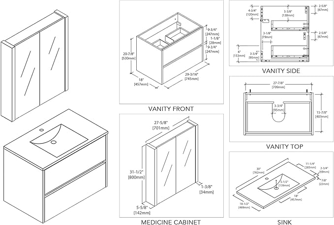 Blossom Single Bathroom Vanity with Ceramic Sink and Mirror Medicine Cabinet | All Wood Floating Vanity Cabinet | 2 Soft-Closing U-Shaped Cutout Drawers | 30 inch, Silver Grey