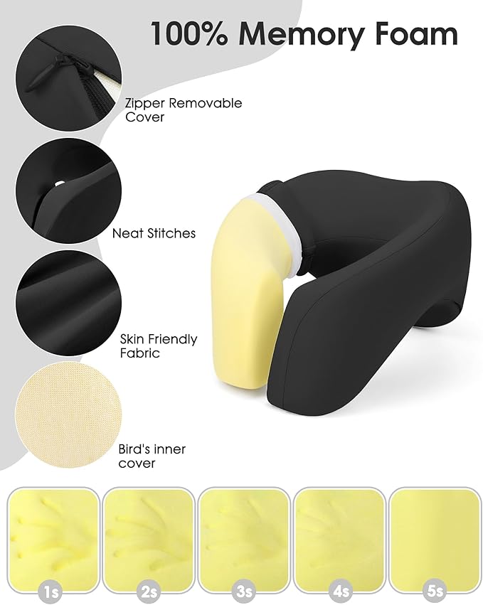 Neck Pillow Airplane, Memory Foam 2-in-1 Travel Pillow for Long Flight Essentials, Earplugs and Storage Bag, U-Shaped Hump Napping Pillow for Planes, Trains, Self-Driving Cars