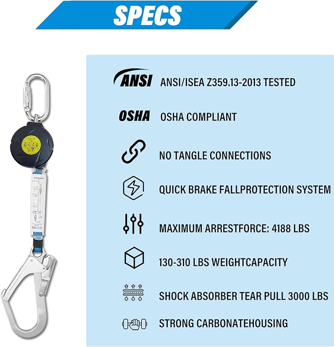 11FT Self Retracting Lifeline, Retractable Safety Lanyard 11ft Fall Protection with Swivel Top Rebar Hook and Shock Pack Absorber, Fall Protection Lanyard 11ft for House Construction Industry