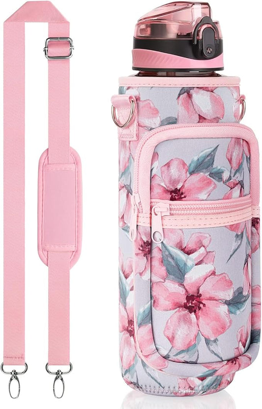 Fimibuke 32 oz Water Bottle with Sleeve - BPA Free Leakproof Sport Large 1L Plastic Motivational Water Bottle with Straw Strap & Insulated Neoprene Holder Carrier Bag Great Xmas Gift for Women Men