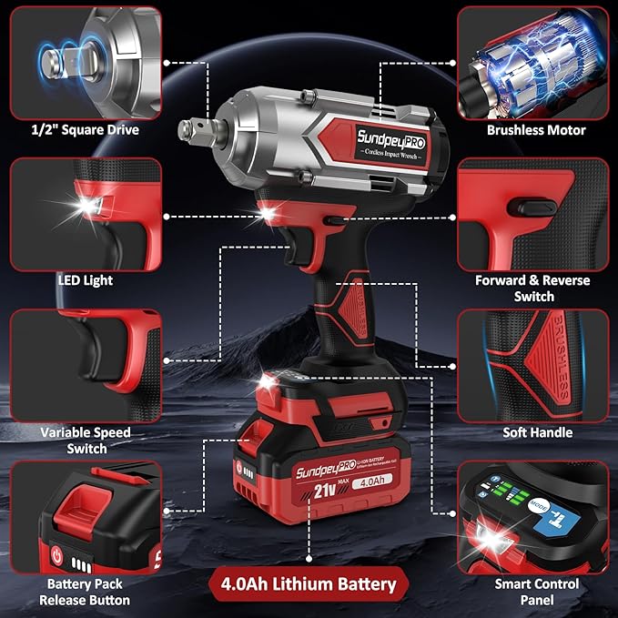 Cordless Impact Wrench 960Ft-lbs - 1300N·m High Torque Impact Wrench - 21V 2600RPM Brushless Power Impact Gun with 2 × 4.0Ah Battery 6 Sockets & Charger & Carry Case for Car Tire Truck DIY