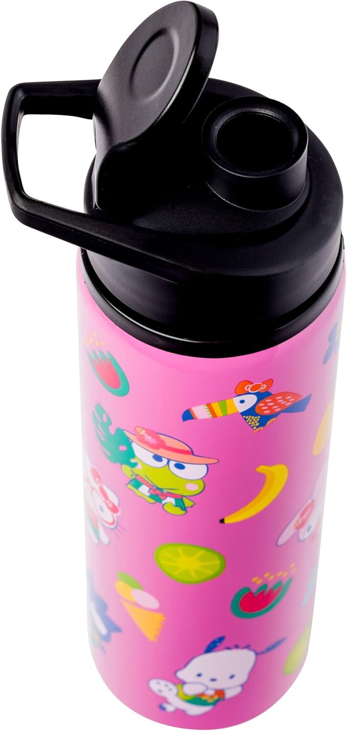 Silver Buffalo Sanrio Hello Kitty and Friends Tropical Stainless Steel Water Bottle Featuring Keroppi, Tuxedo Sam, Badtz-Maru, and Pochacco, 25 Ounces