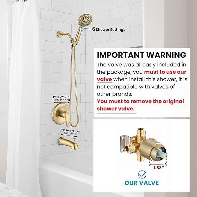 gotonovo Bathroom Shower Head Kit High Pressure Combo System Shower Faucet 6 Modes ABS Handheld Spray Shower Trim Kit Valve Included Shower Head and Handle Set Brushed Gold