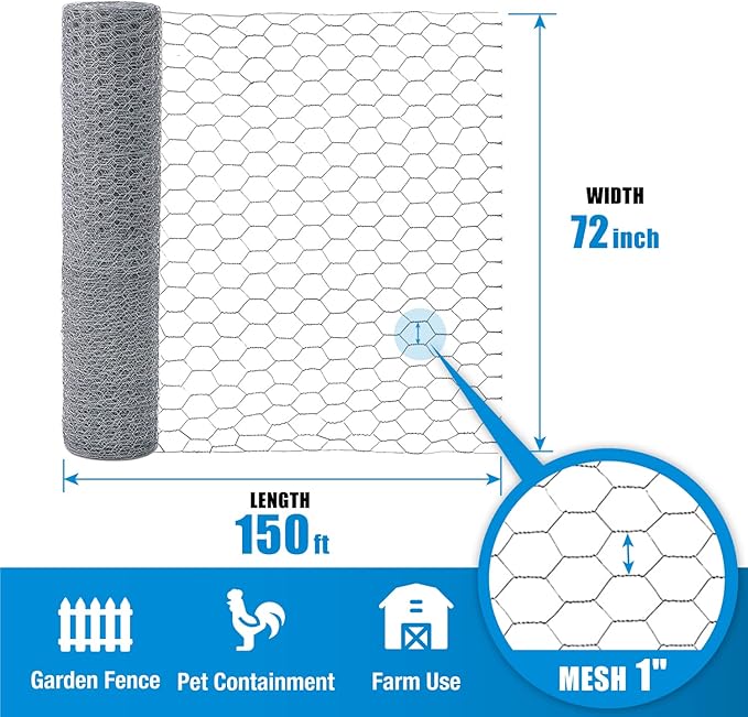 Fencer Wire 20 Gauge Chicken Wire Fence, Galvanized Poultry Hexagonal Netting Crafting, Chicken Coops & Rabbit Rodent Cage, 1-Inch Hex Grid (6 ft. x 150 ft.)