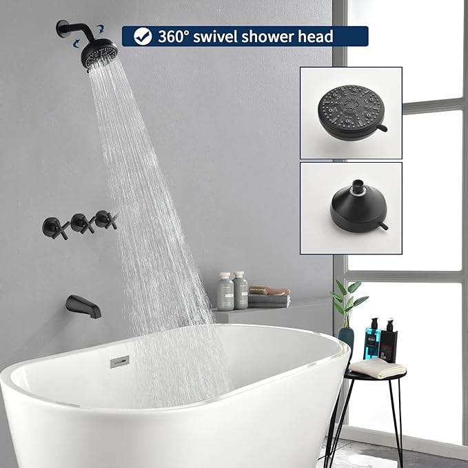 3 Handles Shower Faucet Set with Tub Spout Bathtub Shower Faucets Combo Set Shower System Complete Tub and Shower Trim Kit Shower Fixtures Matte Black
