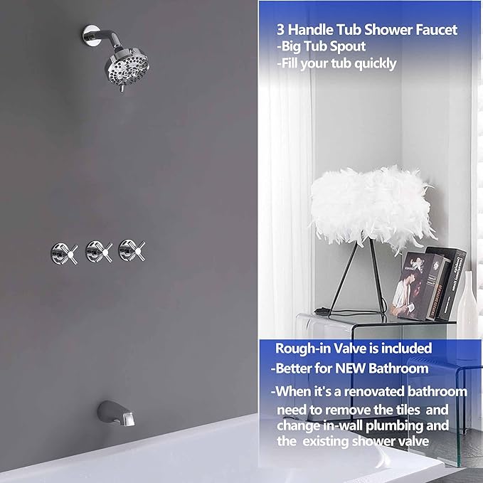 3 Handle Tub Shower Faucet Set, Bathtub Shower Faucet With Tub Spout Chrome Tub and Shower Trim Kit with Valve