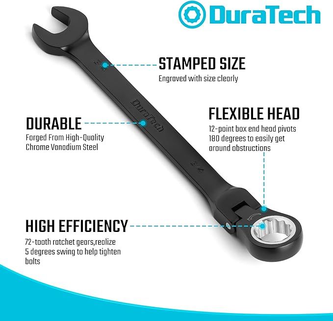 DURATECH 9-Piece Flex-Head Ratcheting Wrench Set, Combination Wrench Set, 72 Tooth, SAE, 5/16'' to 3/4'', Black Electrophoretic Coating, CR-V Steel, with Rolling Pouch