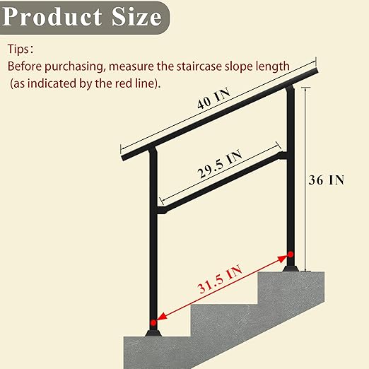 Hand Rails for Outdoor Steps, 40" x 36" Fits 2-3 Steps Stair Handrail, Black Metal Railings for Indoor Steps, Porch Railing, Deck Railing, Easy Install Stair Handrail(1 Pack) ﻿