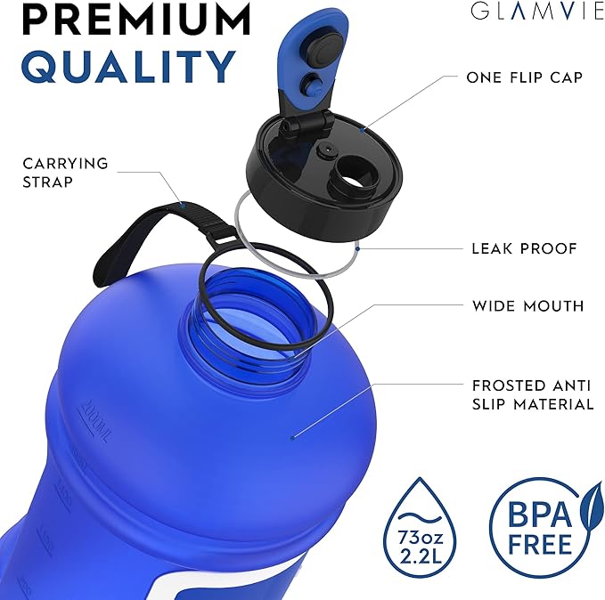 Sports Water Bottle 73OZ Half Gallon with Handle Big Reusable Water Jug 2.2L for Sport & Fitness with Built-In Storage Case for Cash & Cards | Eco Friendly & BPA Free | Matte Blue