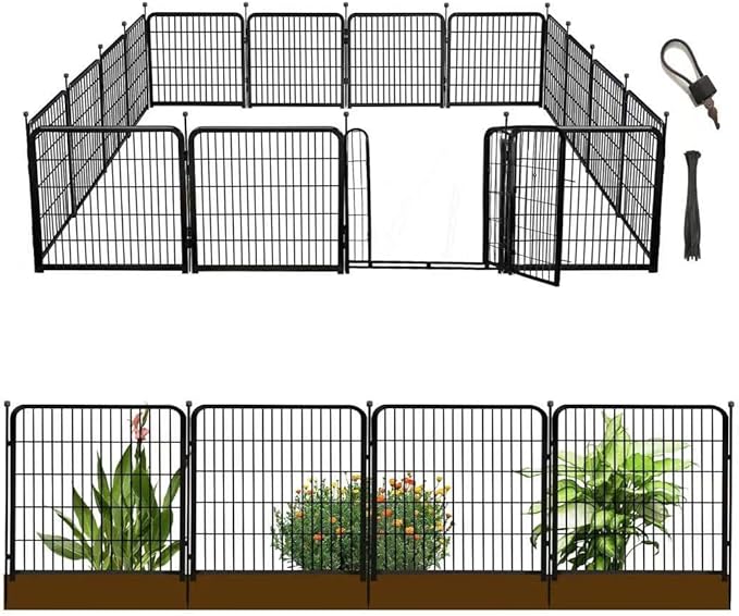 Garden Fence with Gate 36 in(H)×27 in(L) 14 Panels Total 31 Ft(L), Garden Fences and Borders for Dogs, Animal Barrier Fence, Black Metal Decorative Garden Fencing