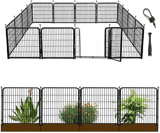 Tall Garden Fence with Gate 48 in(H)×27 in(L) 12 Panels Total 26.6 Ft(L), Garden Fencing to Keep Dogs Out, Heavy Duty Iron Metal Animal Barrier Fence, Flower Bed Fencing