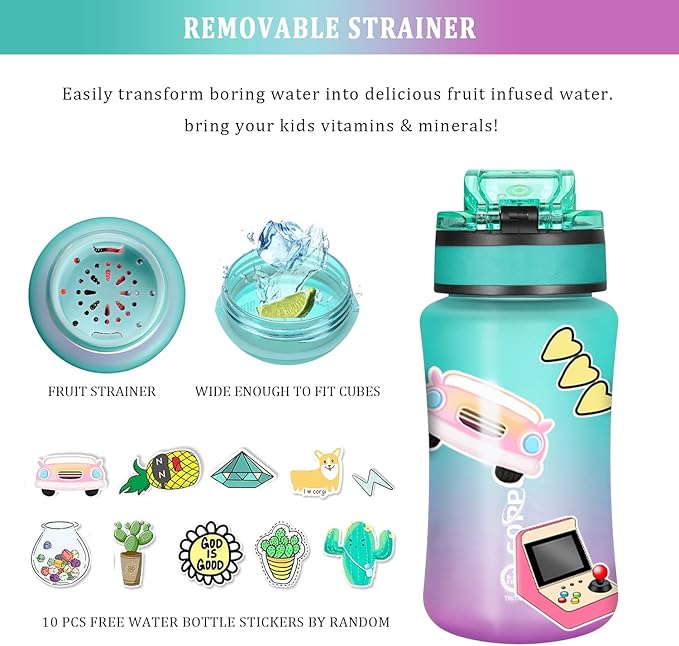 GOPPUS Kids Water Bottle with Straw Spout Lid 10pcs Stickers 12 oz Leak-proof BPA Free Motivational Time Marker Tritan Plastic Water Bottles for Girls Boys School Sports