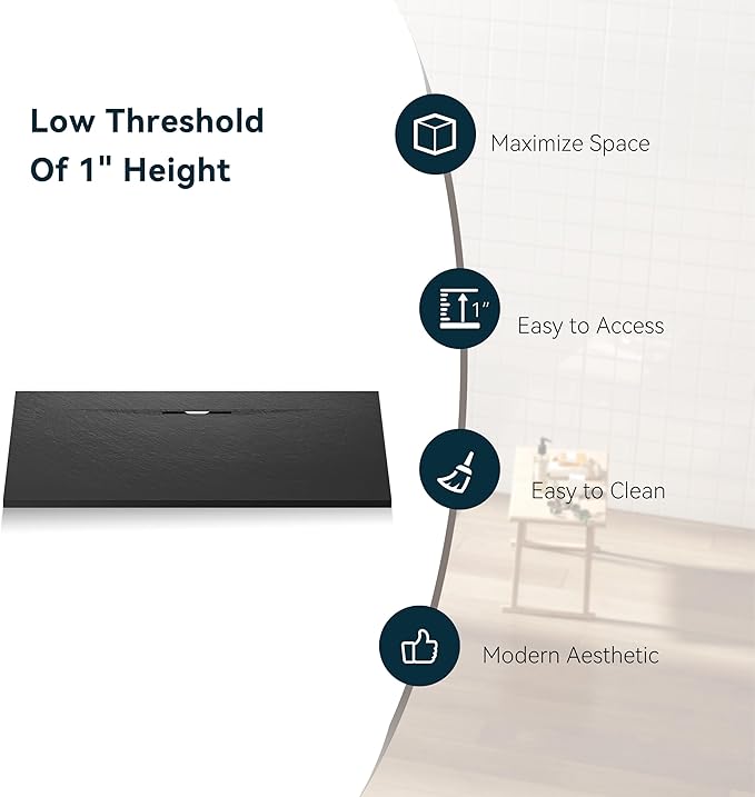 FerdY 47.2"x35.4" Low Threshold Shower Base, Non-Slip SMC Slate Stone Surface Shower Pan with SMC Drain Cover and 3-Sided Aluminum Waterproof Strip, Black